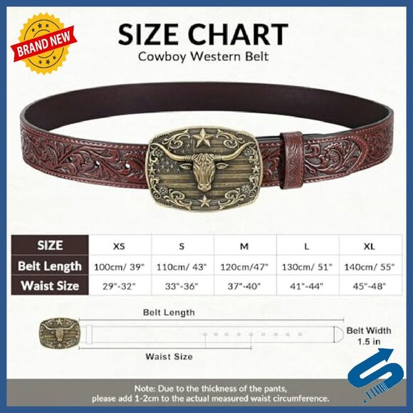 Western Cowboy Belt with Bull Buckle, Split Leather, 1.5\